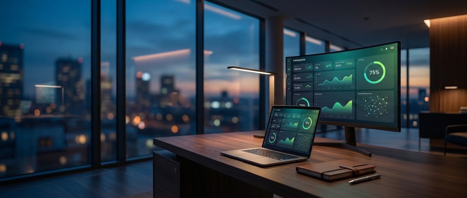 Modern werkkantoor met een A Mi Manera cockpit-dashboard op de schermen